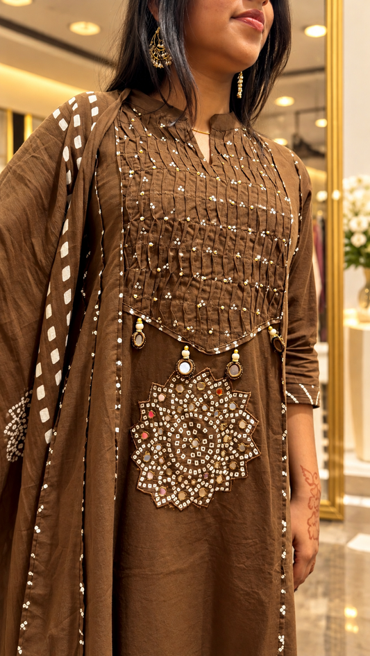cotton-Shell bead-Kurta set Brown