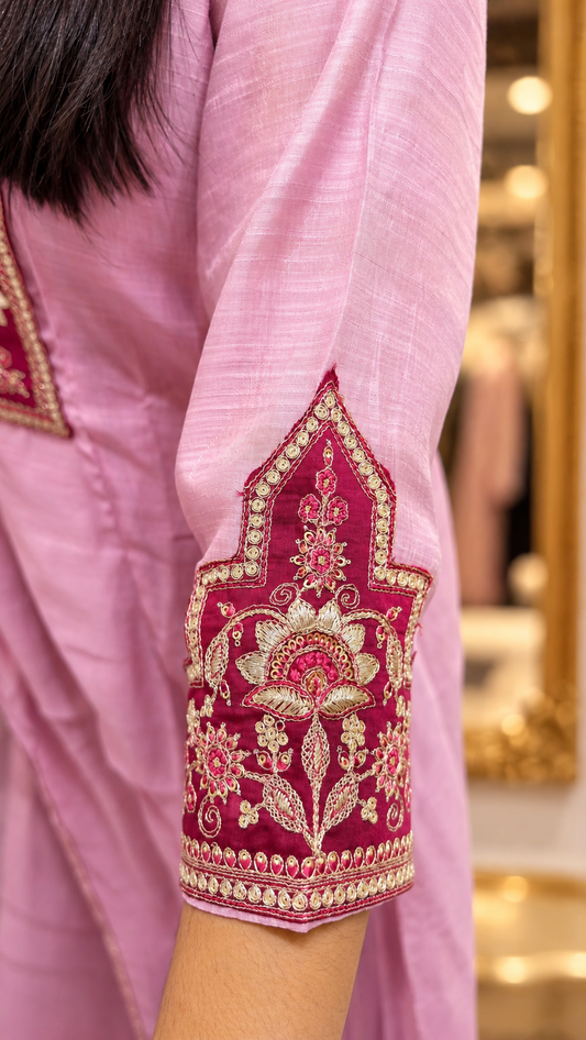 Raw silk-party wear handwork patch kurta set