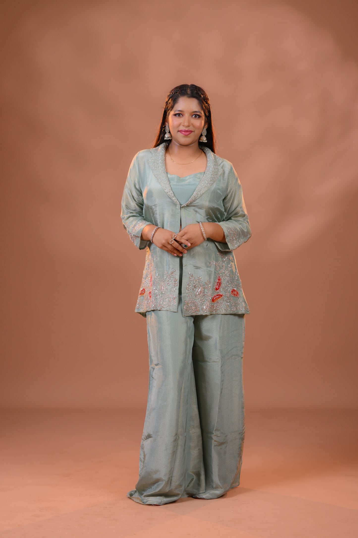 Green Tissue Indo western Handwork