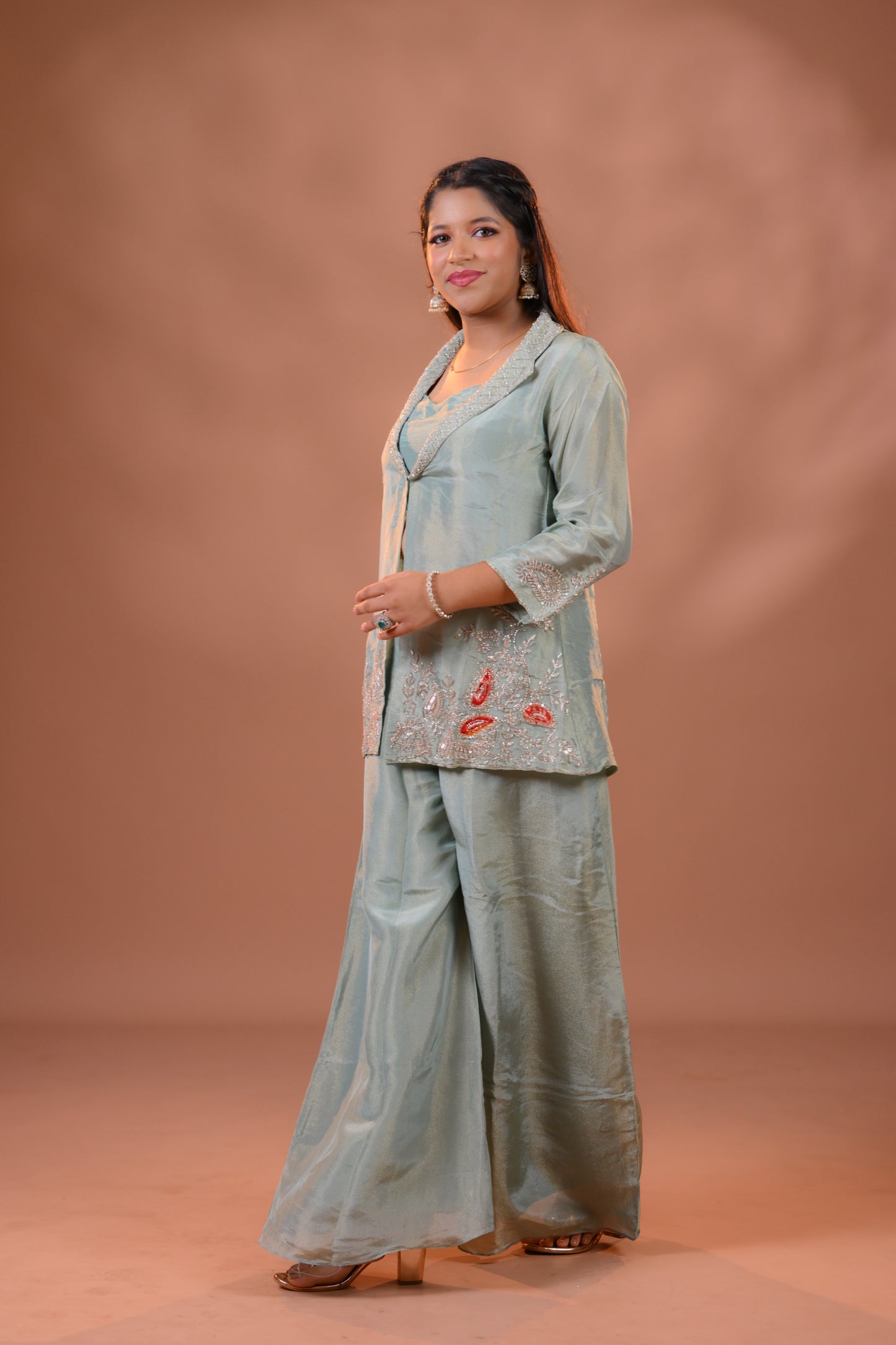 Green Tissue Indo western Handwork