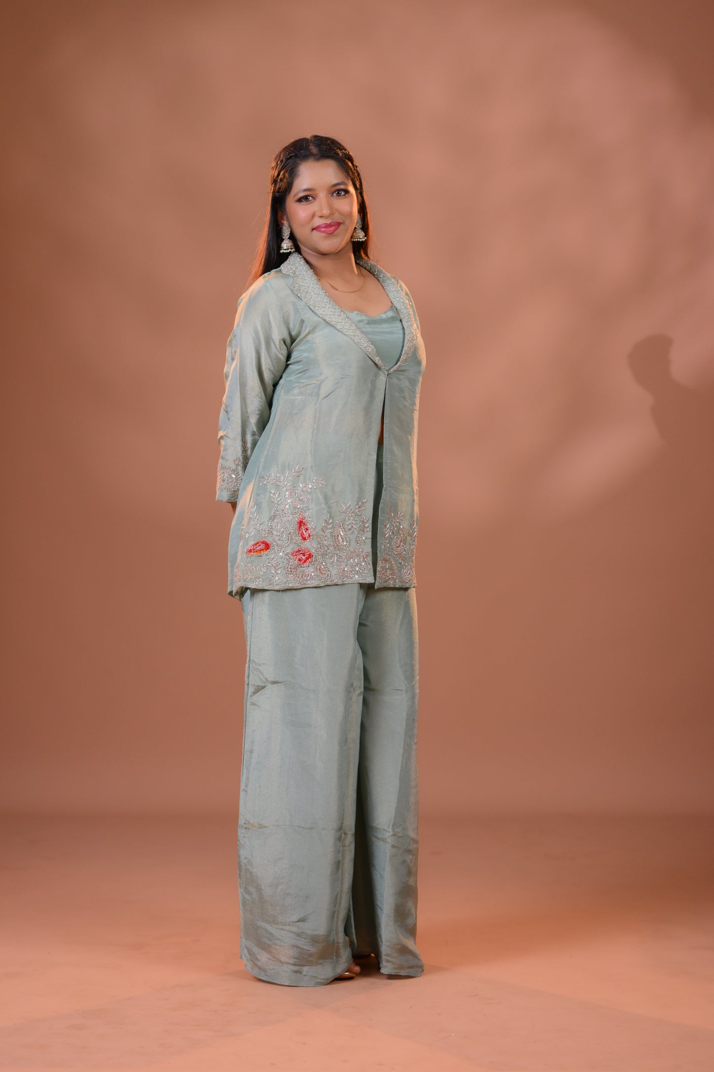 Green Tissue Indo western Handwork