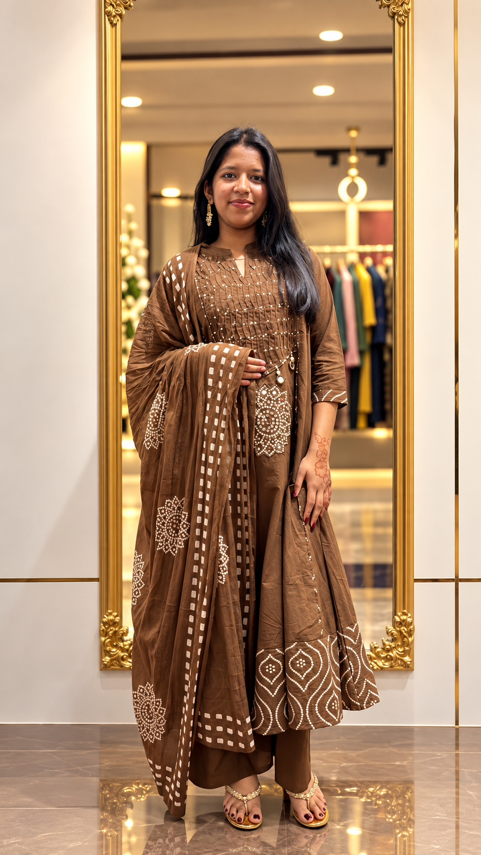 cotton-Shell bead-Kurta set Brown