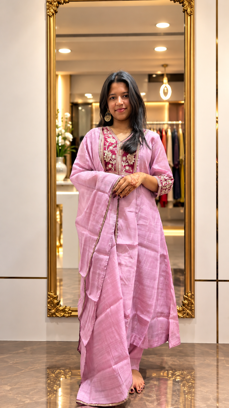 Raw silk-party wear handwork patch kurta set