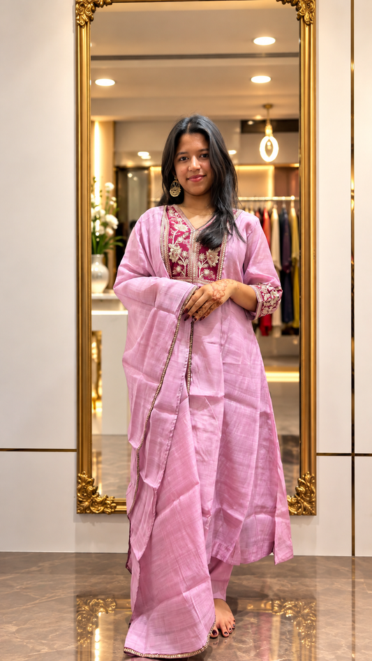 Raw silk-party wear handwork patch kurta set