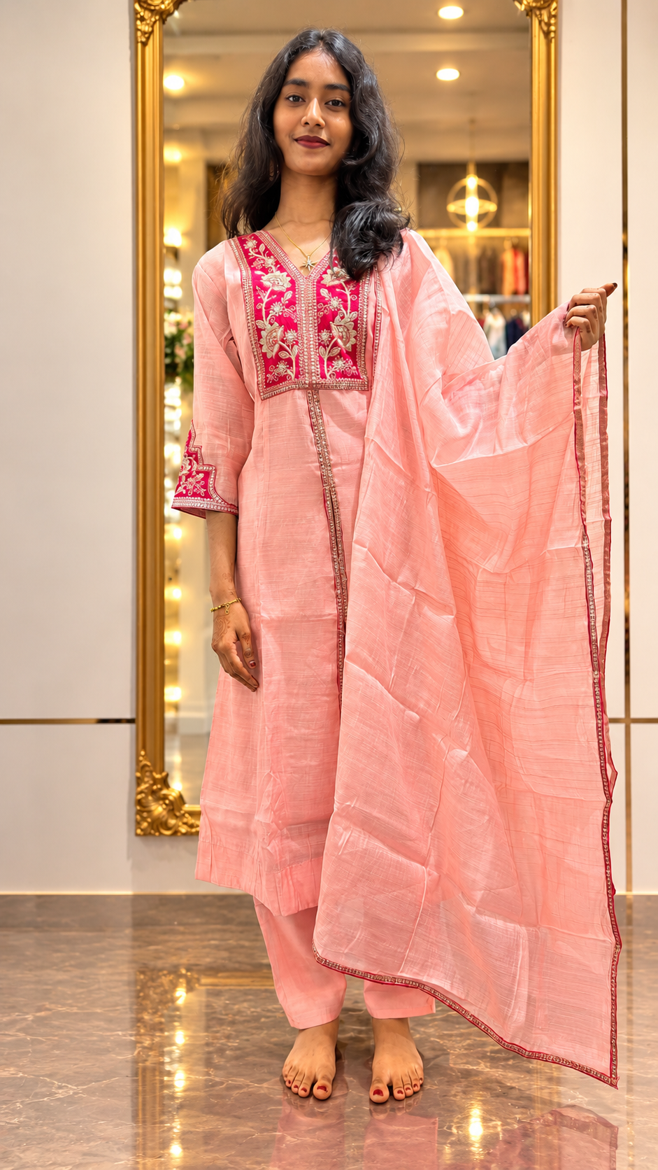 Raw silk-party wear handwork patch kurta set