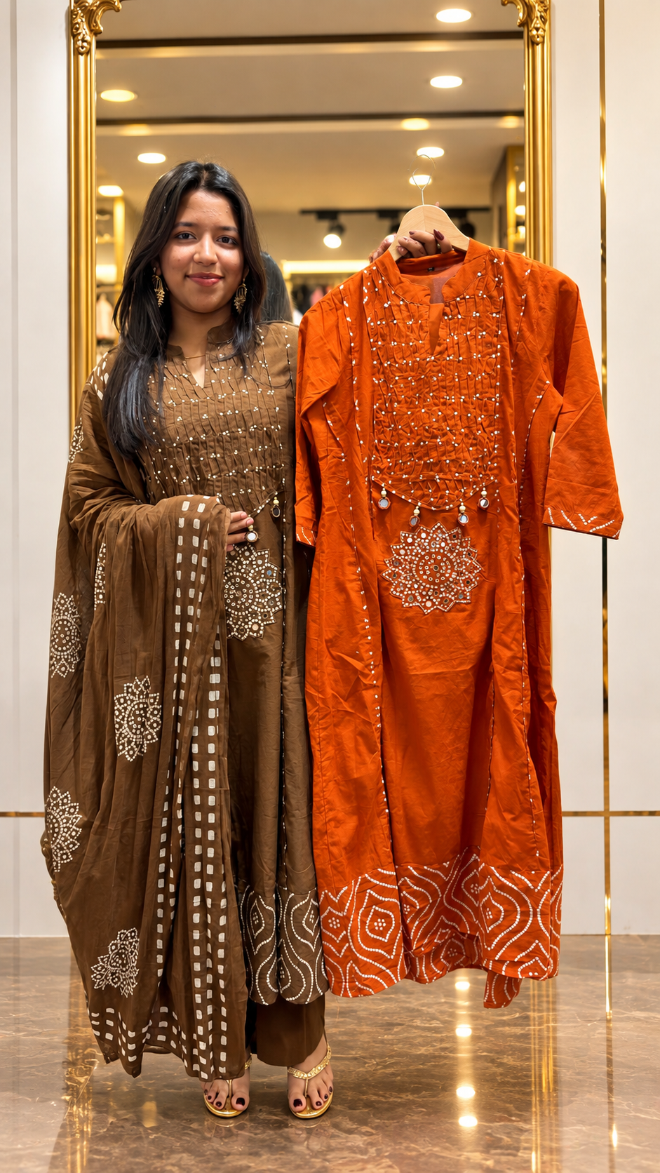 cotton-Shell bead-Kurta set Brown