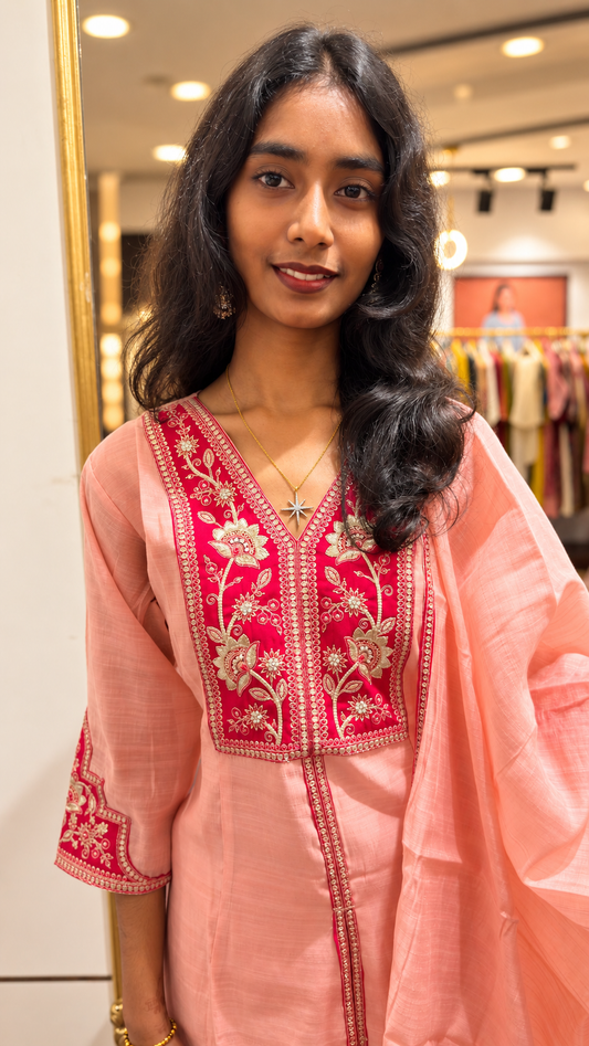 Raw silk-party wear handwork patch kurta set